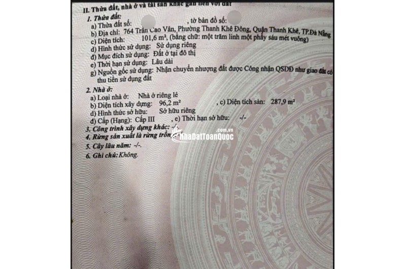 CHÍNH CHỦ BÁN NHÀ THANH KHÊ, ĐÀ NẴNG 102MV 3 TẦNG, SHR, CHỈ 15 TỶ. LH:0903969599