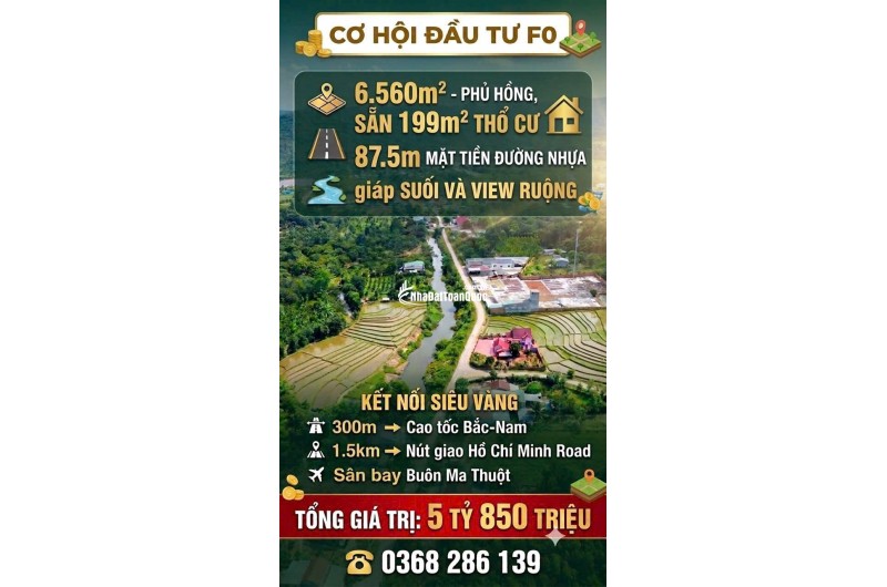 CƠ HỘI ĐẦU TƯ FO 6.560M² - PHỦ HỒNG, SẴN 199M² THỔ CƯ, CHỈ 5.5 TỶ. LH:0368286139