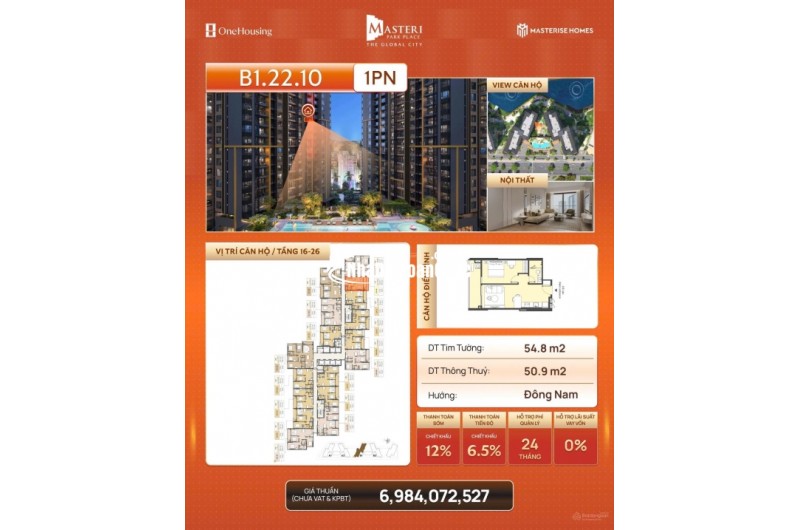 Chính chủ cần tiền cắt lỗ 400tr bán nhanh căn 1PN dự án Masteri Park Place