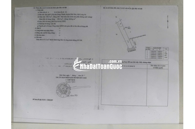BÁN ĐẤT XÃ ĐỨC HUỆ - TÂY NINH MỚI. DT 10x80 SẴN SHR 4.5 TỶ. LH:0902414014