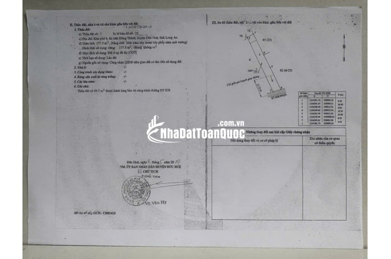 BÁN ĐẤT XÃ ĐỨC HUỆ - TÂY NINH MỚI. DT 10x80 SẴN SHR 4.5 TỶ. LH:0902414014