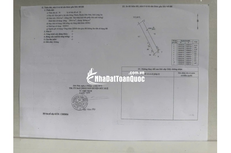 BÁN ĐẤT XÃ ĐỨC HUỆ - TÂY NINH MỚI. DT 10x80 SẴN SHR 4.5 TỶ. LH:0902414014