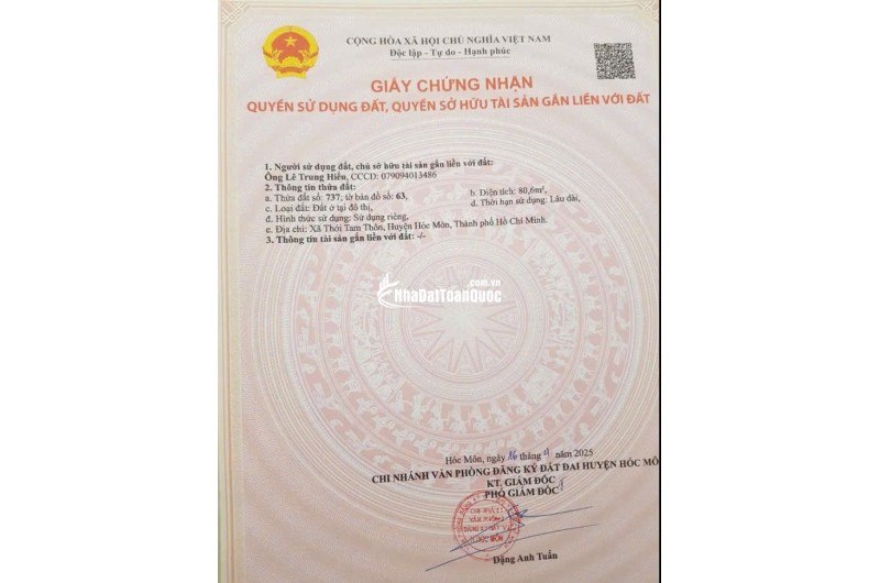 Bán đất thổ cư ở Thới Tam Thôn, Hóc Môn hẻm xe hơi