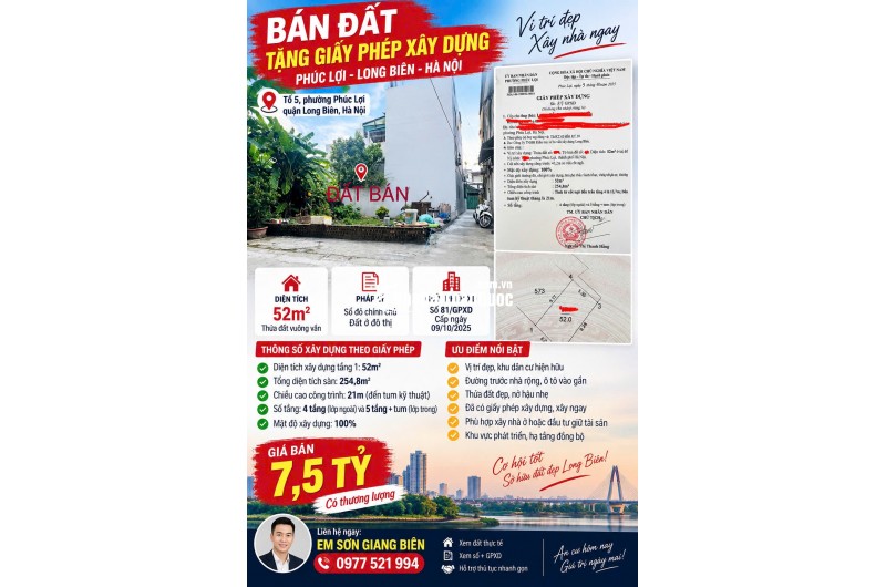  BÁN ĐẤT PHÚC lỢI TẶNG GIẤY PHÉP XÂY DỰNG LONG BIÊN 52M²  GIÁ 7,5 TỶ 