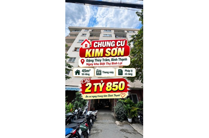 Bán CC Kim Sơn 1, Bình Lợi ,Đặng Thùy Trâm 45m2 có thang máy Sổ riêng 2.85tỷ