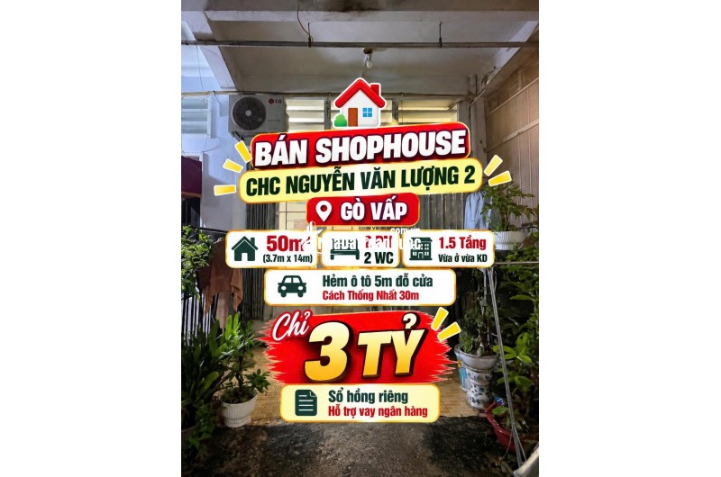 Bán Shophouse trệt CC Nguyễn Văn Lượng 2 ,Gò Vấp 50m2, hẻm 5m chỉ 3tỷ