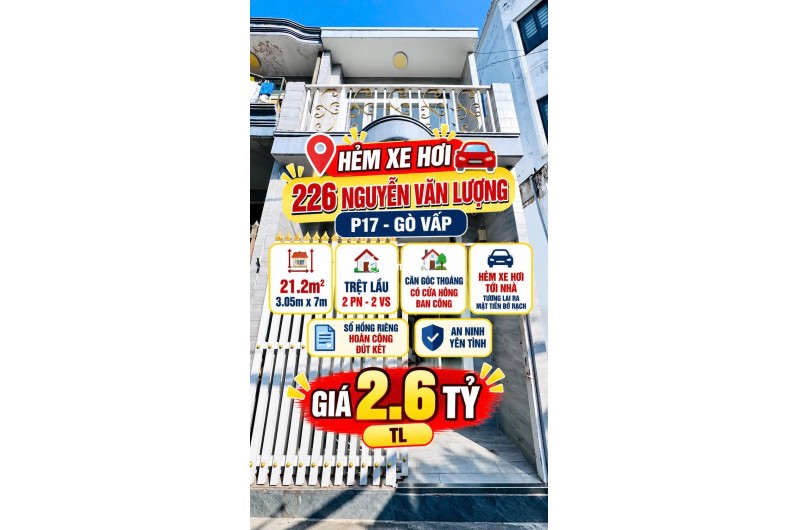 Nhà Nguyễn Văn Lượng P17 Gò Vấp 21m2 , hẻm xe hơi  giá 2.6tỷ