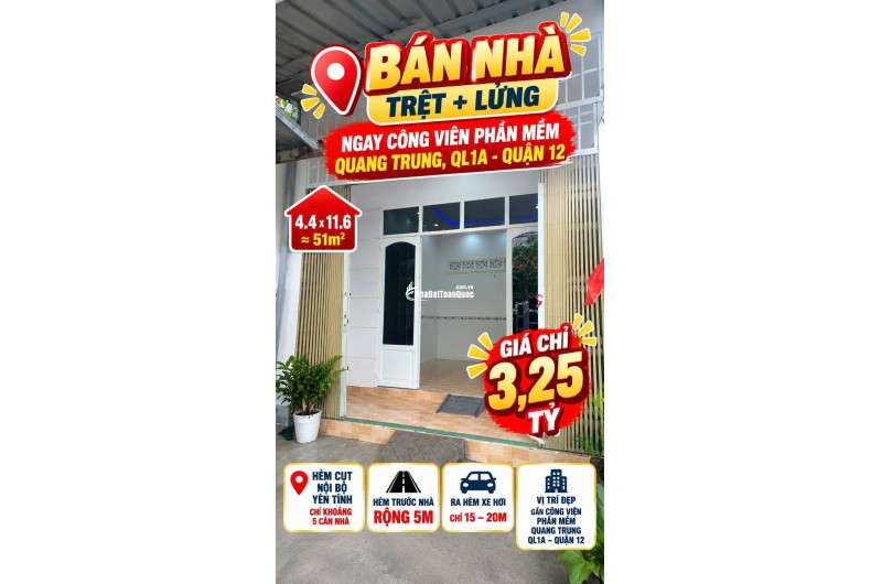 Bán nhà 51m2 trệt lửng ngay CVPM Quang Trung Q12 hẻm 5m giá 3.25tỷ