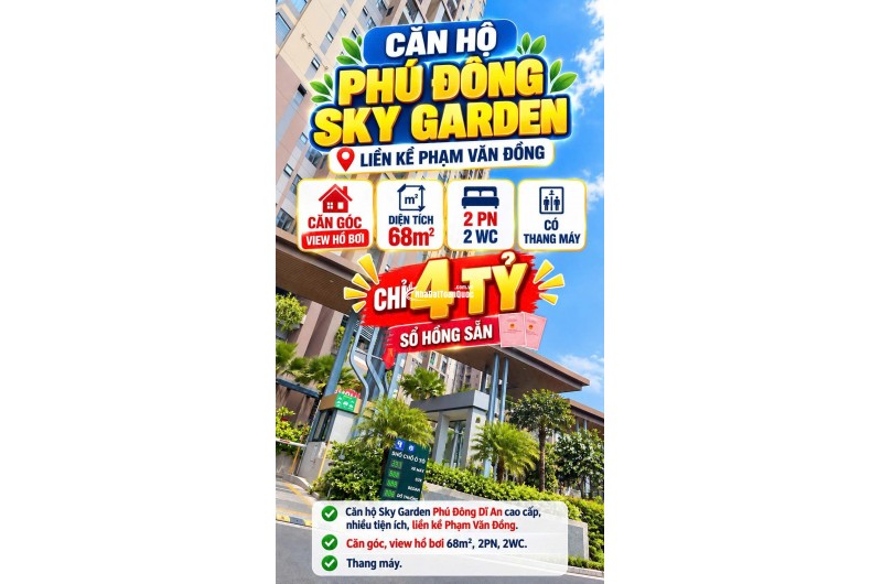 Bán căn góc CC Phú Đông Sky Garden Phạm Văn Đồng 68m2 2PN Sổ sẵn 4tỷ