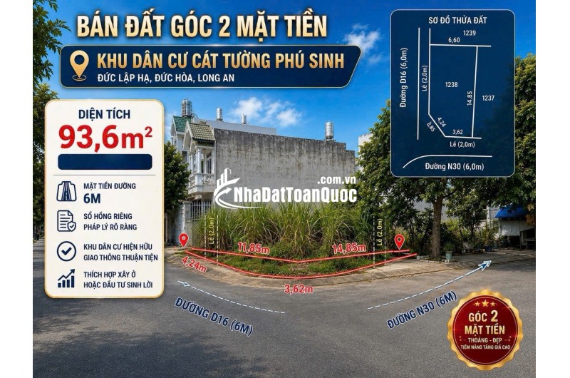 BÁN ĐẤT ĐỨC HOÀ TỈNH TÂY NINH - DT 93,6 M2 - SHR - 2TỶ050TR. LH:0903974577