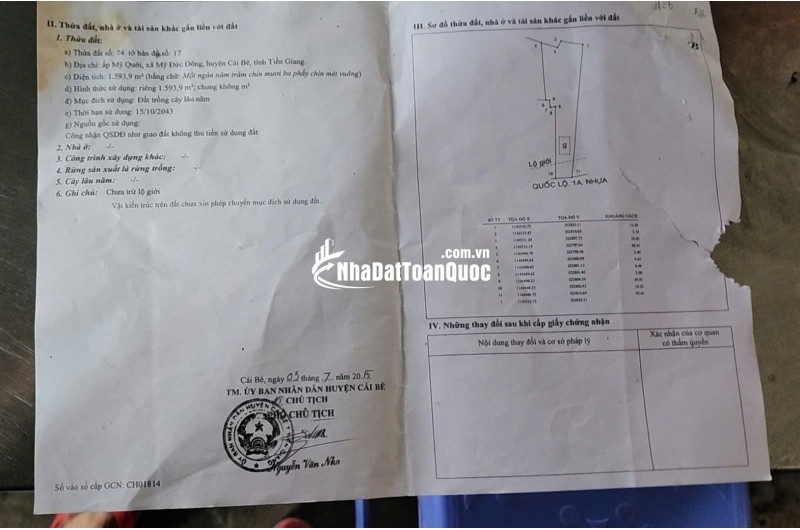 BÁN ĐẤT CÁI BÈ TIỀN GIANG, DT 2CÔNG8 - SHR - 17.5 TỶ. LH:0354408935