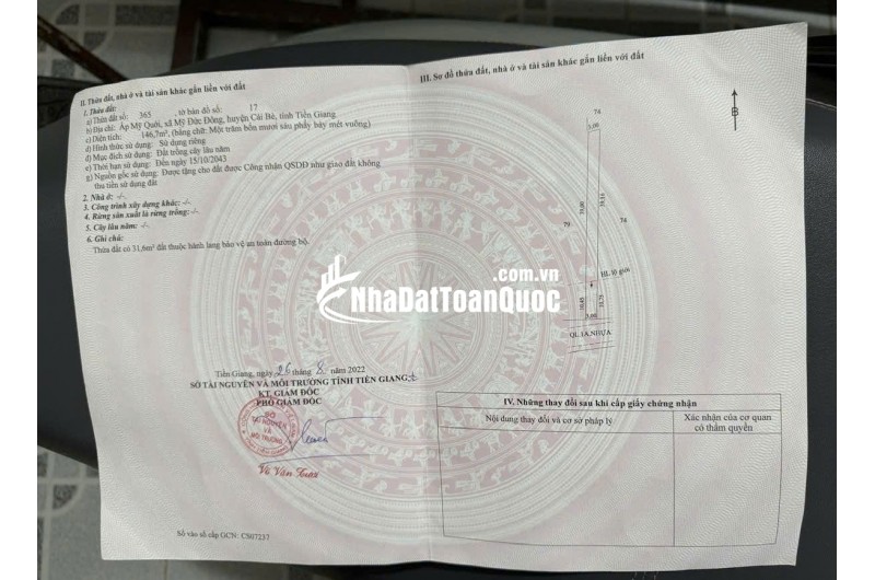 BÁN ĐẤT CÁI BÈ TIỀN GIANG, DT 2CÔNG8 - SHR - 17.5 TỶ. LH:0354408935
